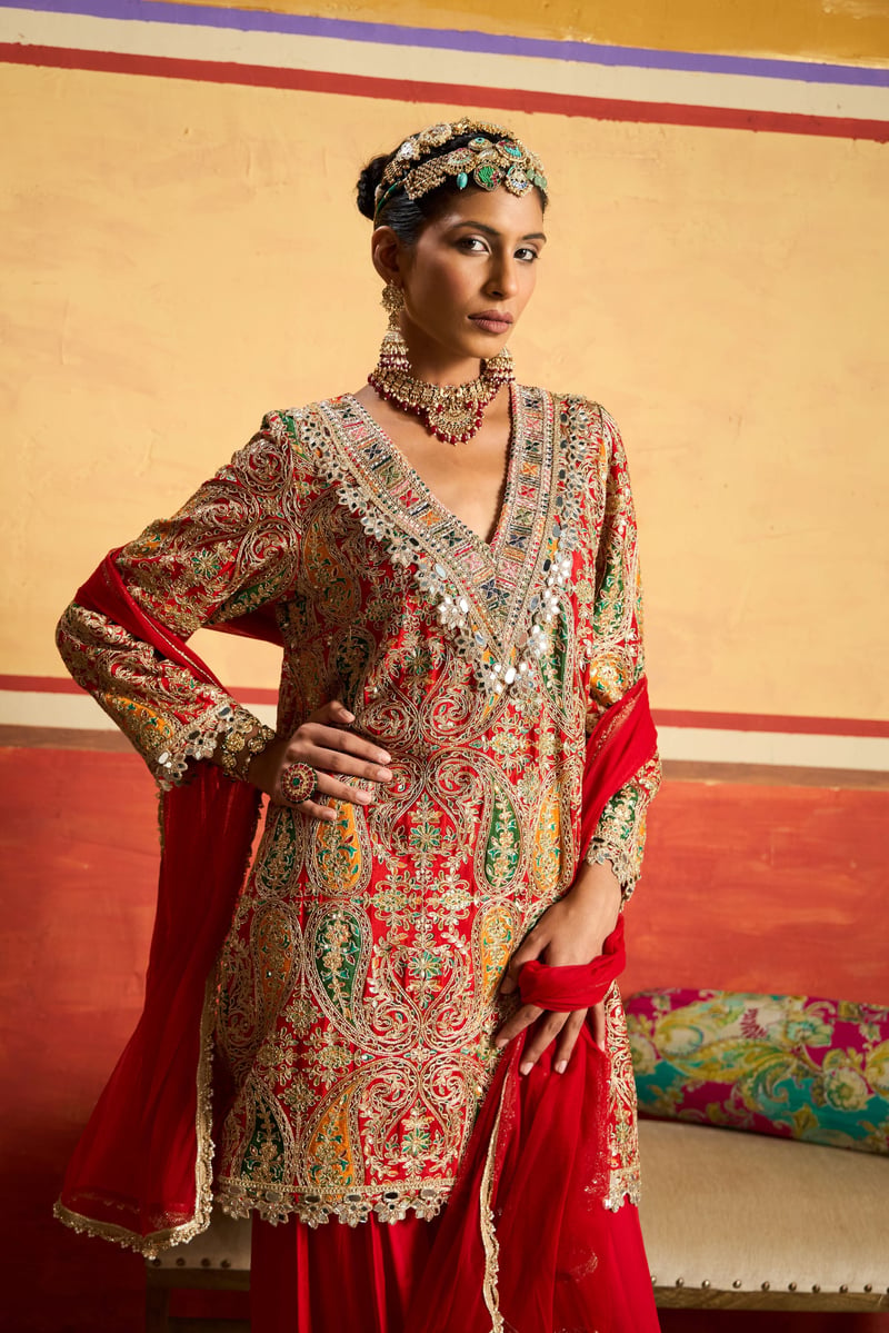 Red Paisley Embroidered Kurta Set with Dupatta