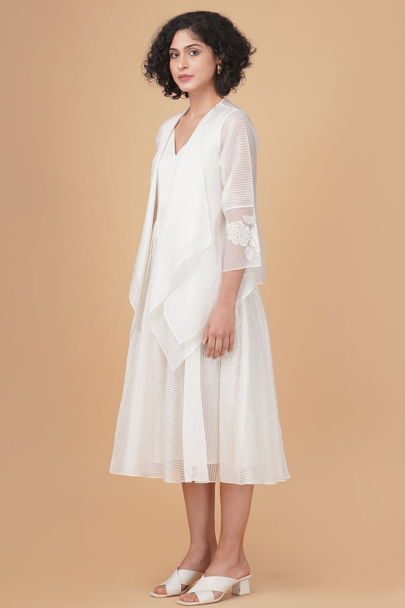 Ivory Stripe Organza Midi Dress and Draped Jacket Set
