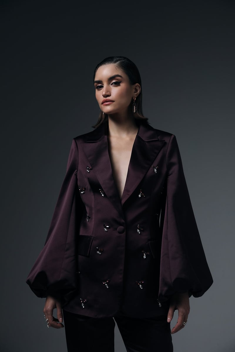 Wine Satin Crystal-Embellished Pantsuit Co-ord Set