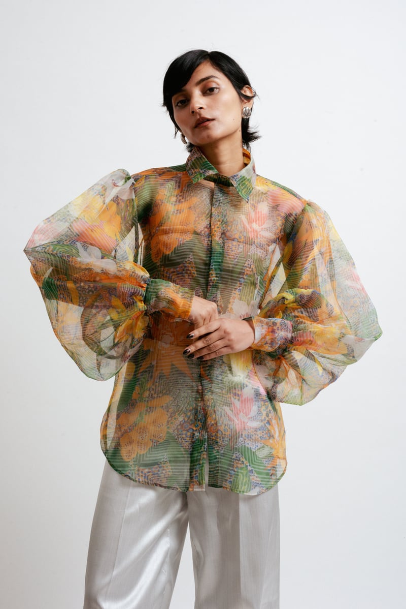 Sheer Organza Abstract Print Balloon Sleeve Shirt — White Saturn