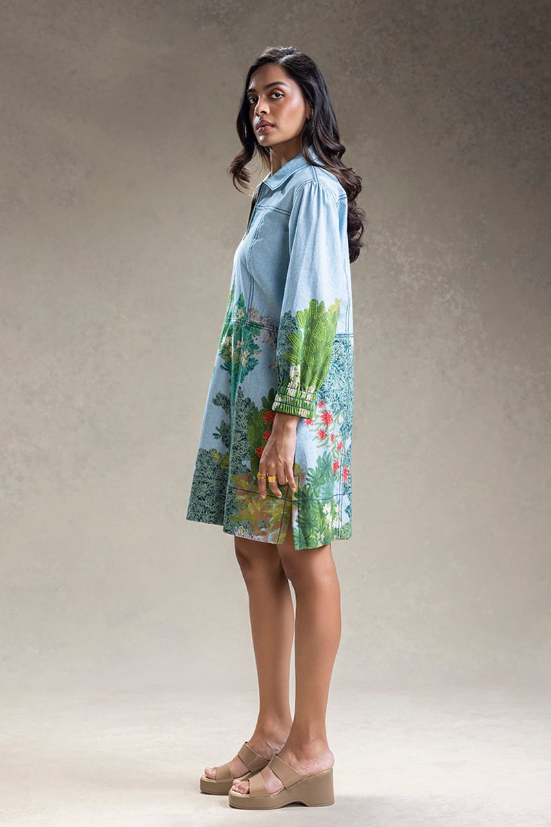 Blue Botanical Print Zip-Front Boxy Dress