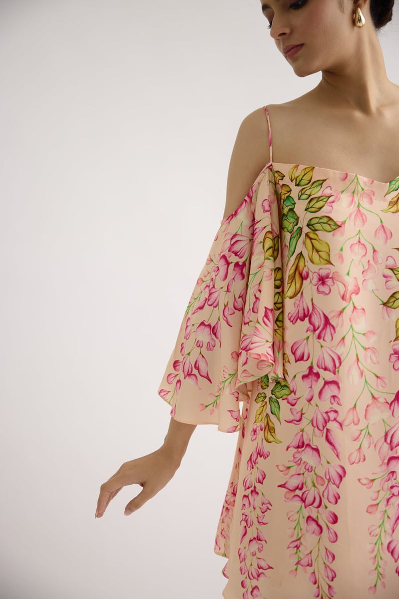 Peach Floral Off-Shoulder A-Line Mini Dress