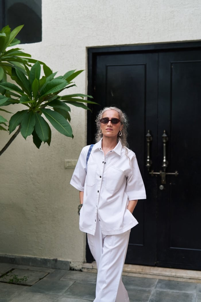 White Denim Oversized Shirt and Flared Pants Co-ord Set