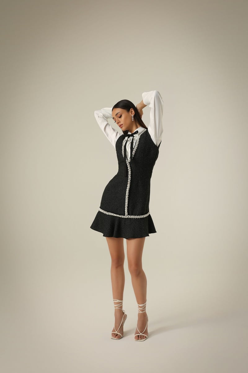 Black/Ivory Tweed Pearl-Trim Mini Dress with Bow