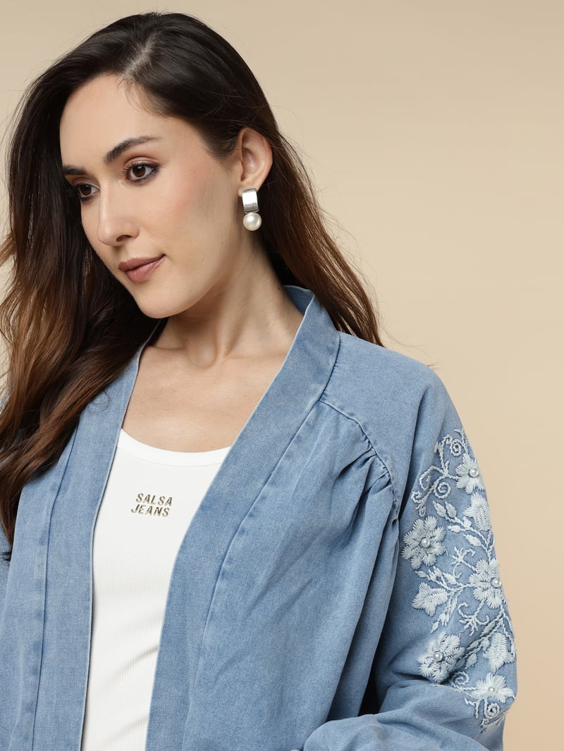 Light Blue Denim-Look Embroidered Longline Jacket