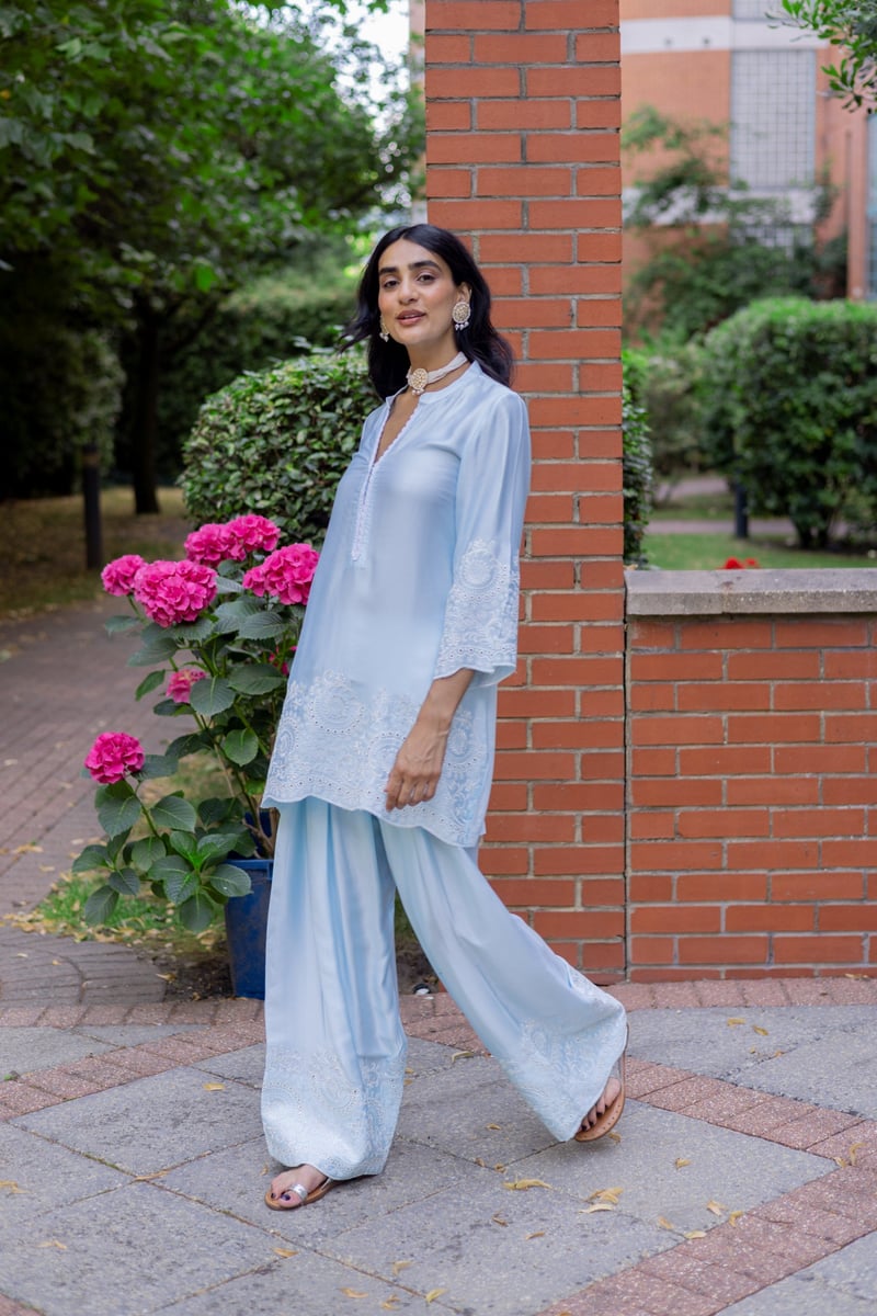 Light Blue Embroidered Kurta and Farshi Salwar Set