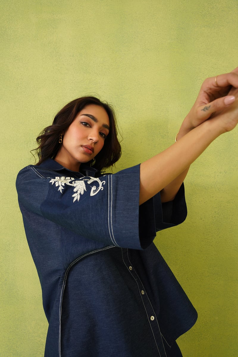 Denim Blue Embroidered Shirt and Wide-Leg Co-ord Set