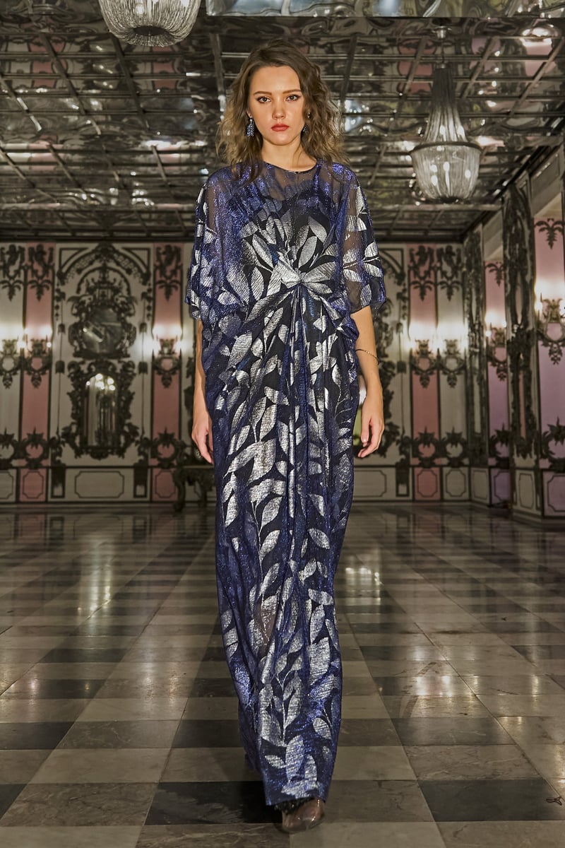 Navy Metallic Leaf-Print Draped Maxi Kaftan