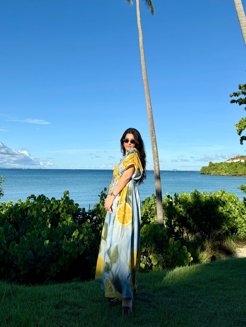 Blue Citrus Print Cotton Poplin Midi Dress with Waist Tie