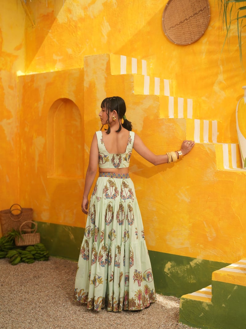 Cool Mint Tropical Corset Top and Tiered Maxi Skirt Set