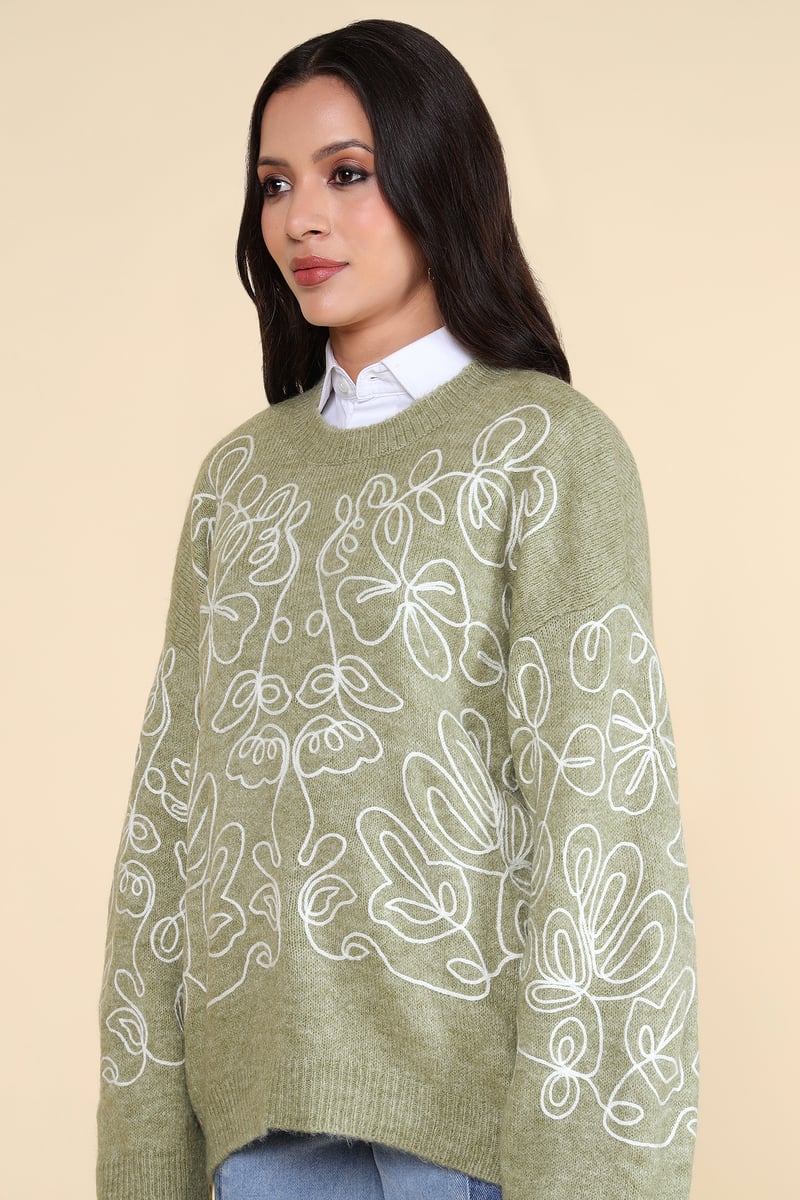 Green Abstract Line-Art Floral Crew Neck Sweater