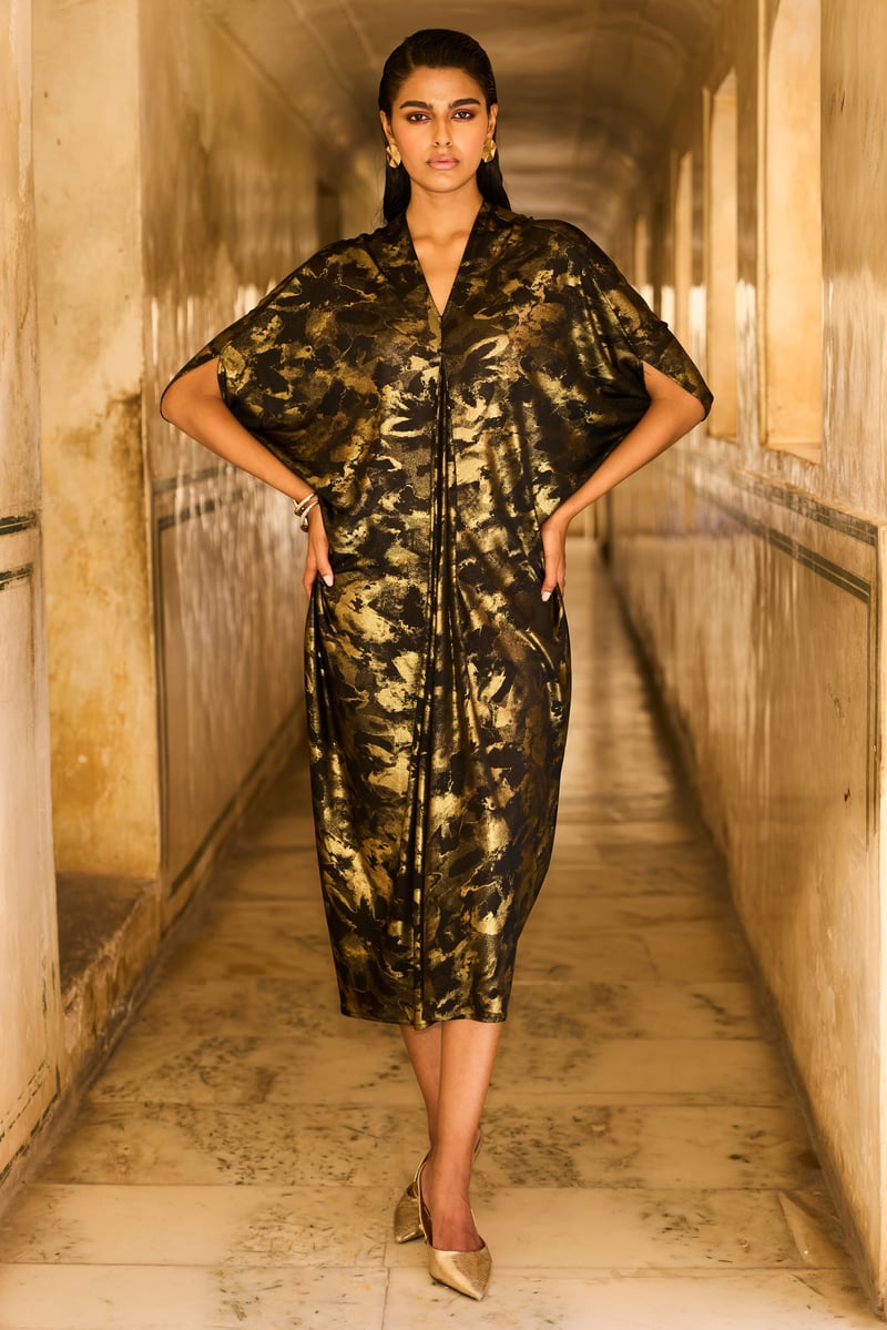Black/Gold Foil Print Drape Cowl Kaftan