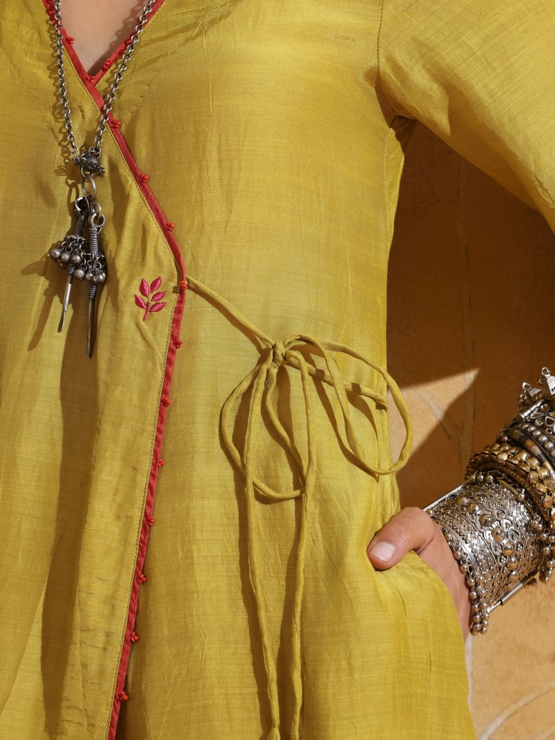 Lime Muslin Silk Angrakha Kurta and Pant Set
