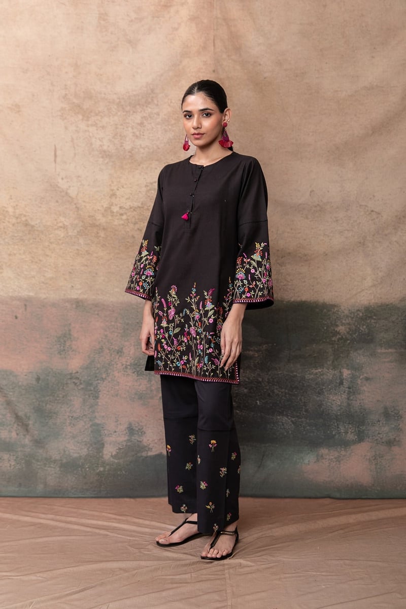 Black Embroidered Tunic and Wide-Leg Pants Co-ord Set