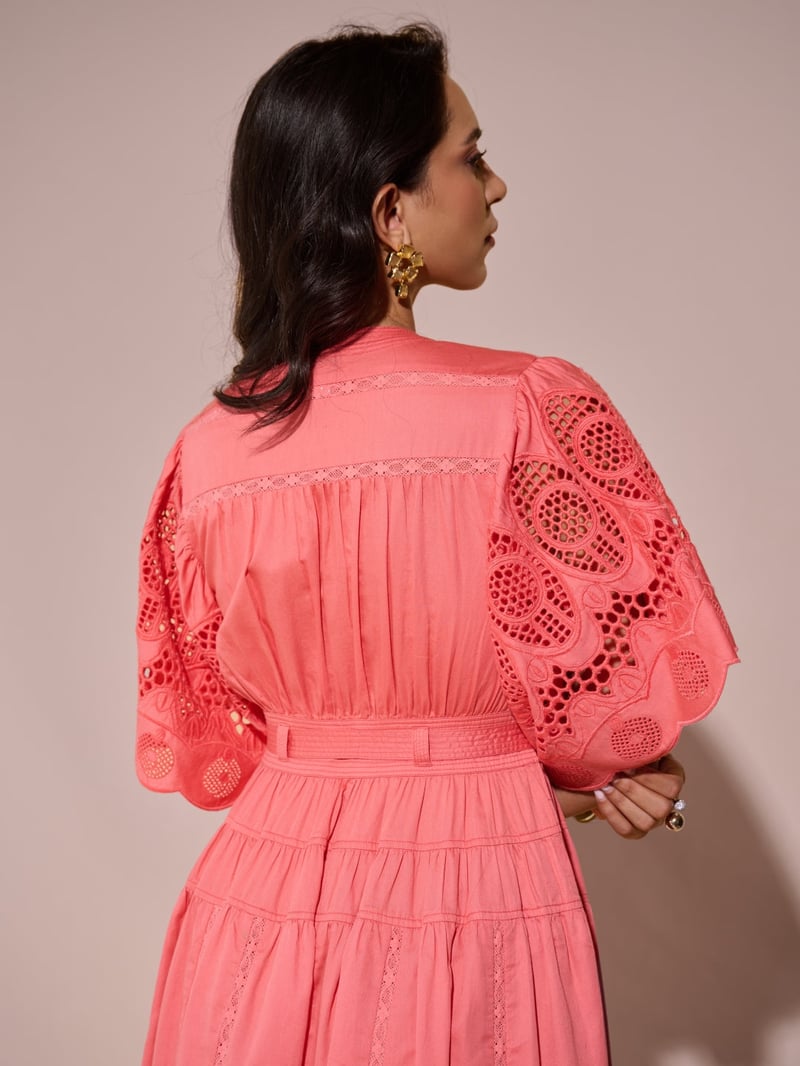 Pink Tiered Midi Dress with Schiffli Sleeves and Belt