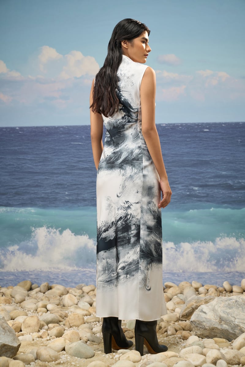 Black/White Abstract Print High-Neck Satin Maxi Dress