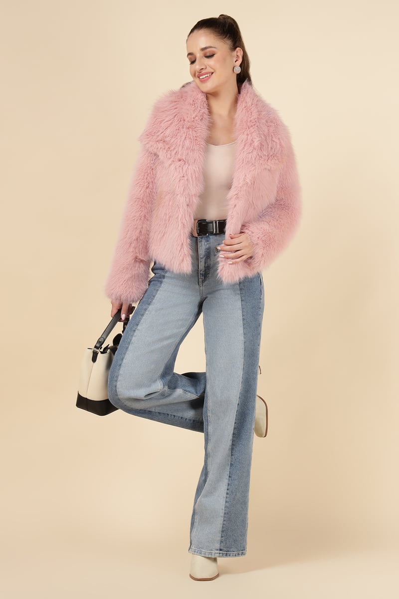 Pink Cropped Faux-Fur Jacket with Lapel Collar