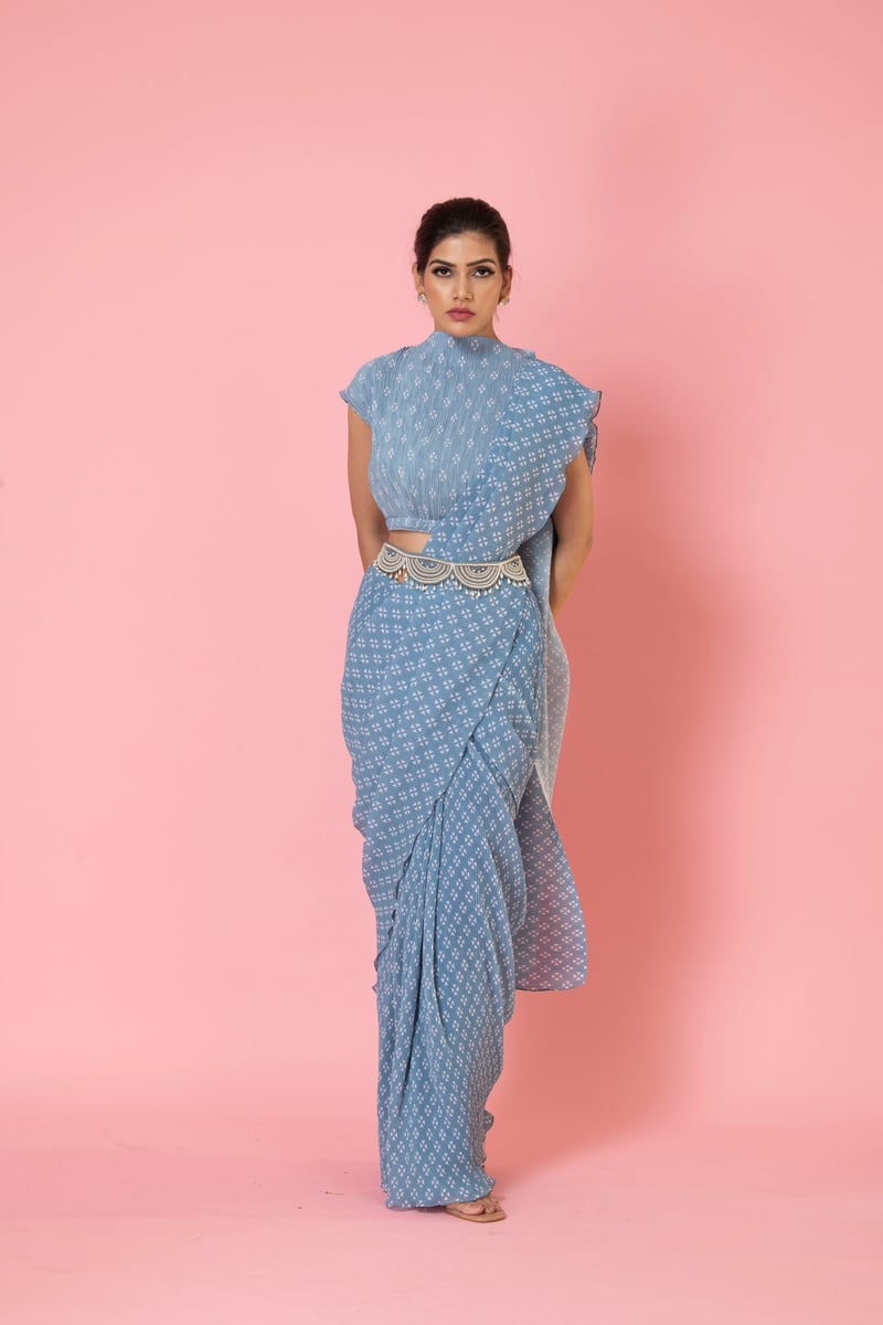 Blue Geometric Print Pre-Draped Georgette Saree Set