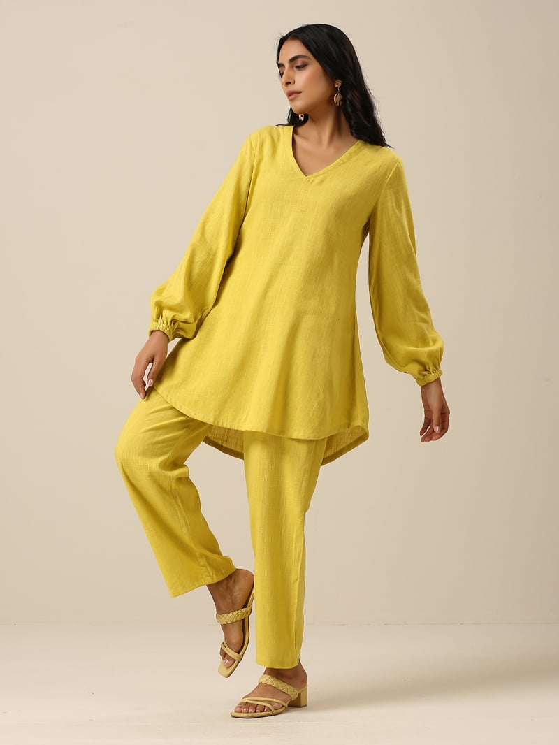 Lime Green Slub Textured Co-ord Set with V-Neck Top
