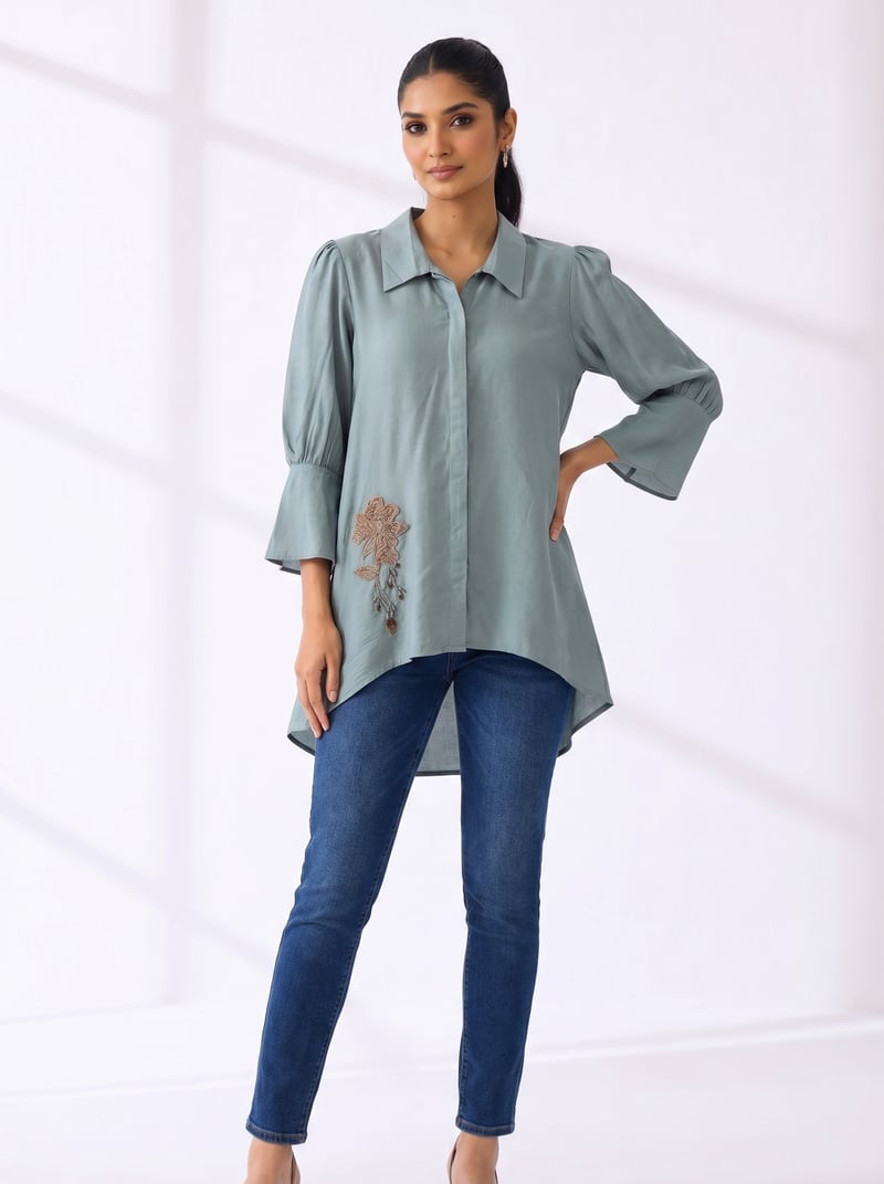 Aqua Cotton Muslin Longline Collared Tunic Top — Basanti Kapde aur Koffee