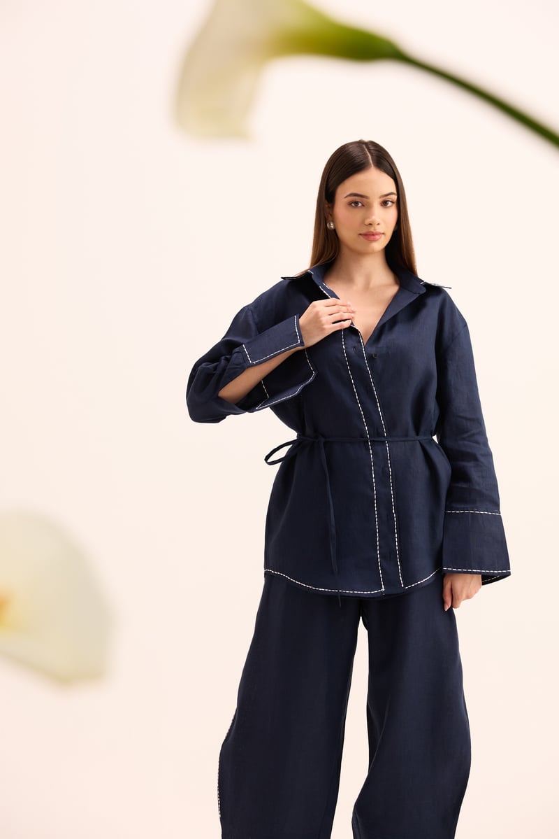 Blue Linen Shirt and Balloon Pants Co-ord Set