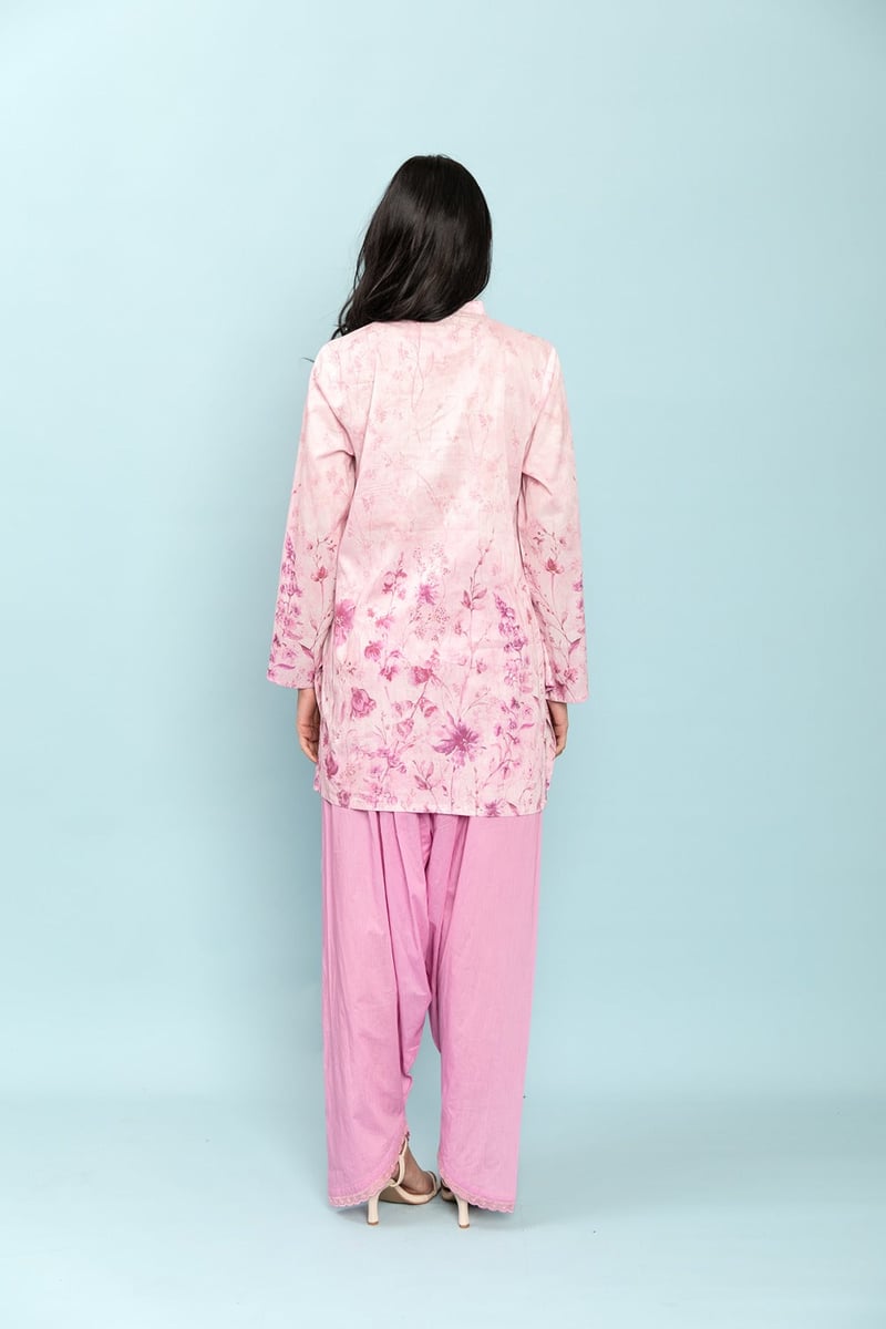Pastel Pink Floral Printed Cotton Kurta Set with Salwar