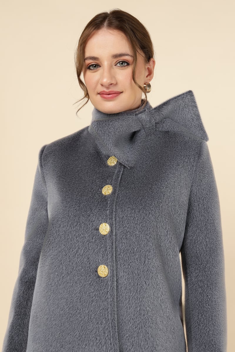 Grey Plush Bow-Collar Button-Front Jacket