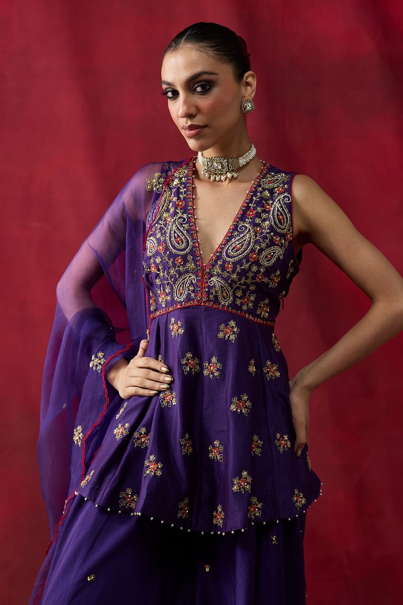 Purple Silk Chanderi Peplum and Sharara Co-ord Set