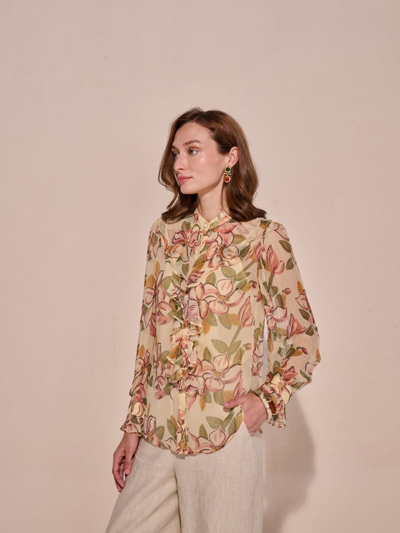 Yellow Floral Chiffon Ruffle High-Neck Top