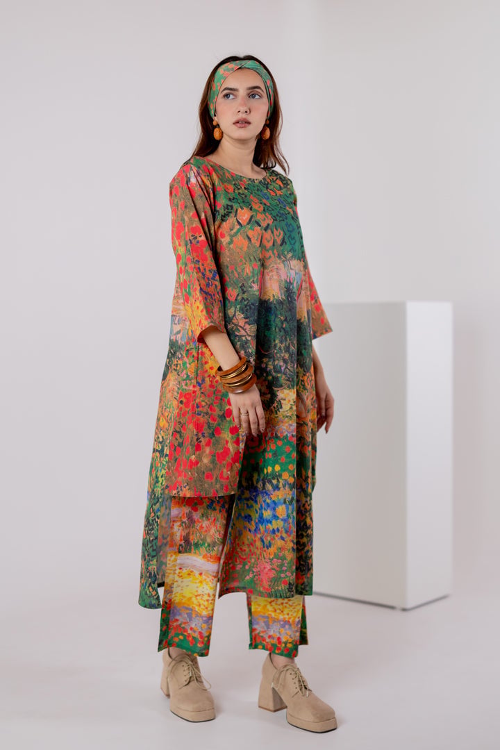 Multicolor Scenic Print Cambric Cotton Kurta Set