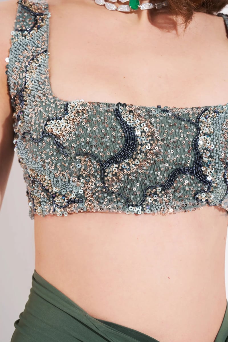 Teal Green Sequin Beaded Square Neck Crop Top