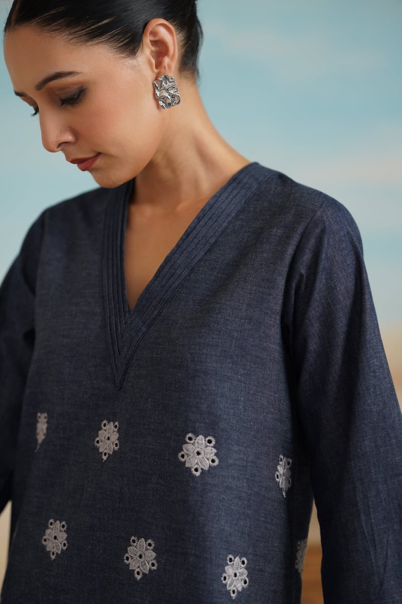 Denim Blue Embroidered Tunic and Wide-Leg Co-ord Set