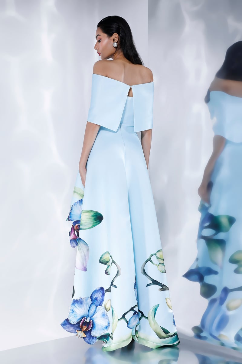 Light Blue Off-Shoulder High-Low Floral Print Maxi Dress