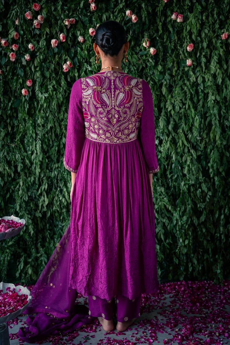 Mauve Crushed Silk Embroidered Yoke Kurta Set