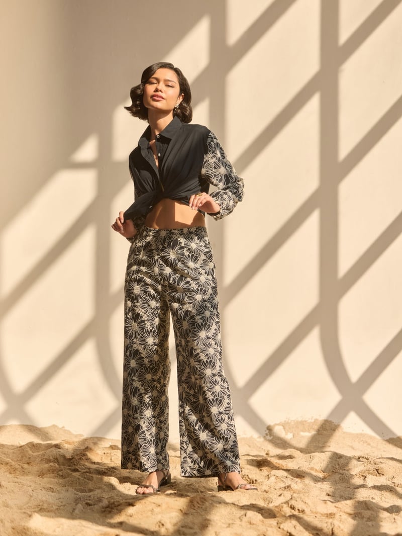 Black Cotton Schiffli Cutwork Sleeve Button-Down Shirt
