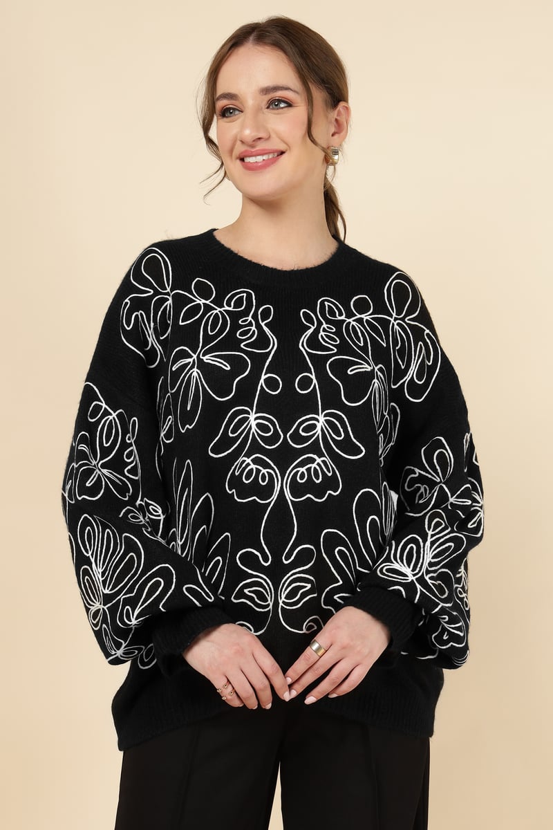 Black Abstract Line-Art Relaxed Fit Sweater — HATUN ATILA