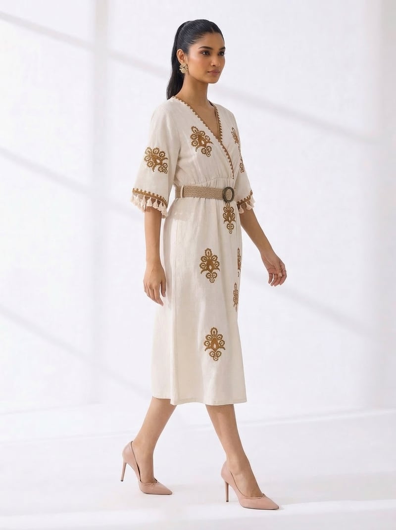 Natural Taba Embroidered Belted Midi Dress