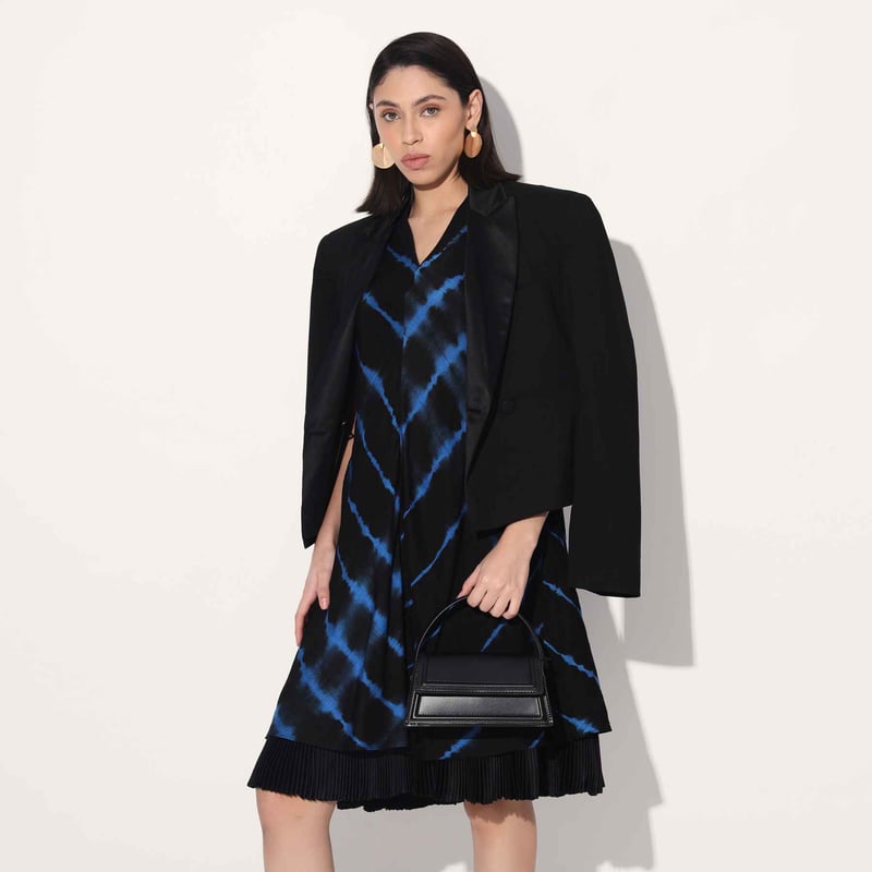 Black/Blue Shibori Tie-Dye A-Line Knee-Length Dress