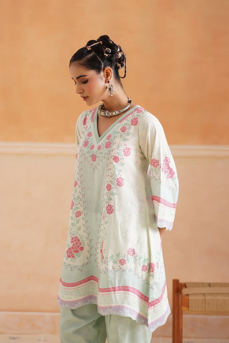 Mint Floral Printed Lawn Cotton 3-Piece Kurta Set