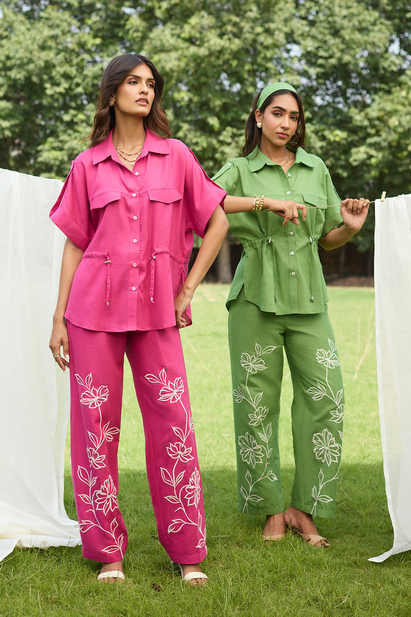 Hot Pink Linen Cotton Shirt and Embroidered Pants Co-ord Set