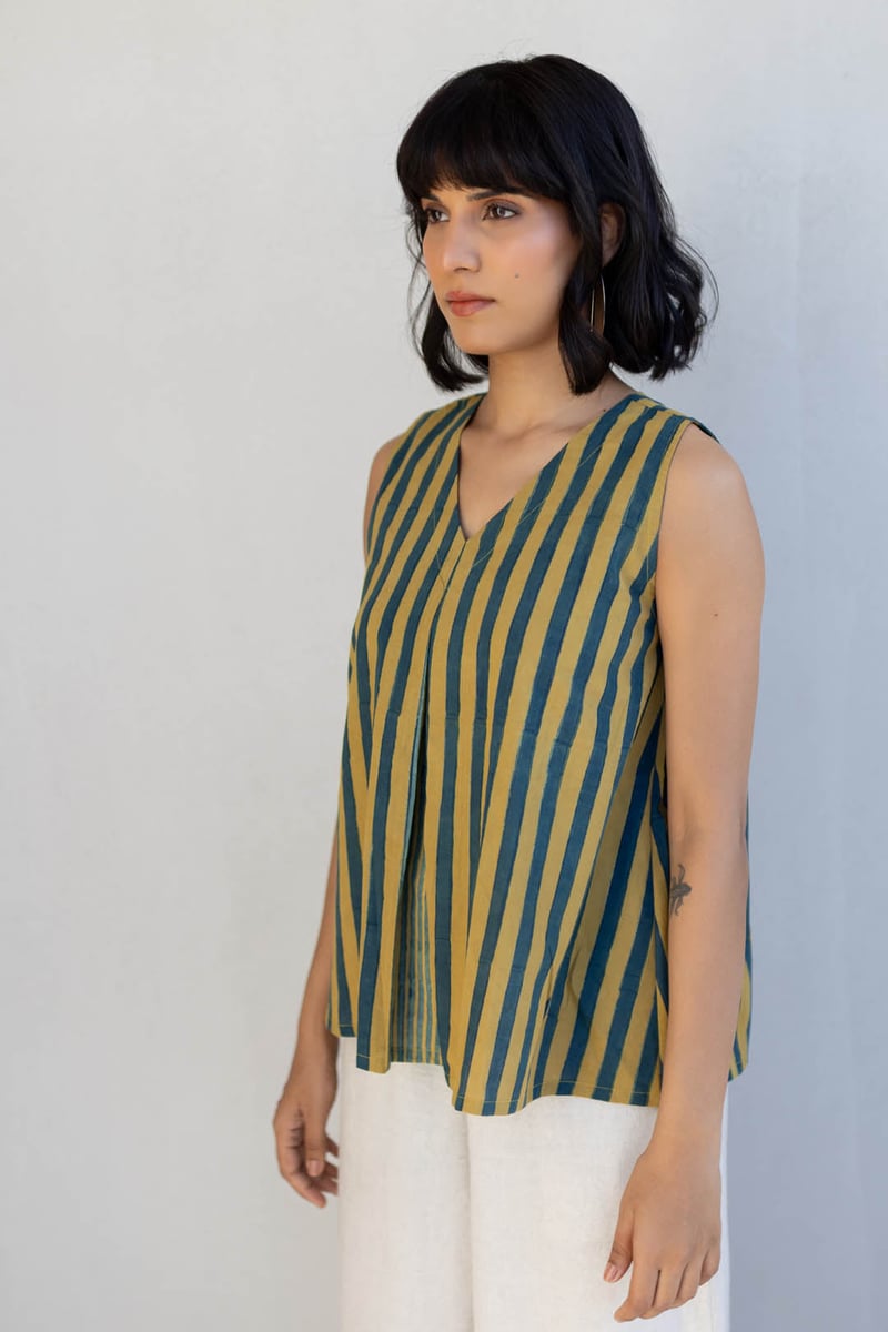 Mustard and Teal Striped Sleeveless V-Neck Cotton Top