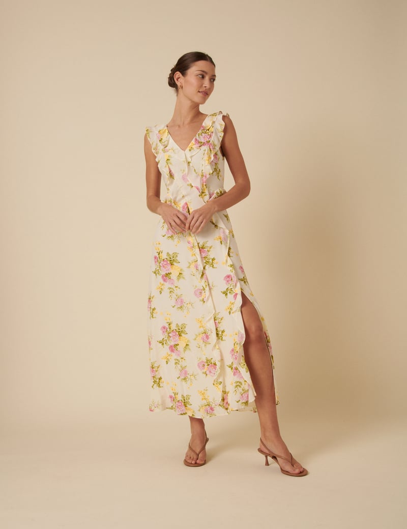 White Floral Ruffle Trim Slip Midi Dress