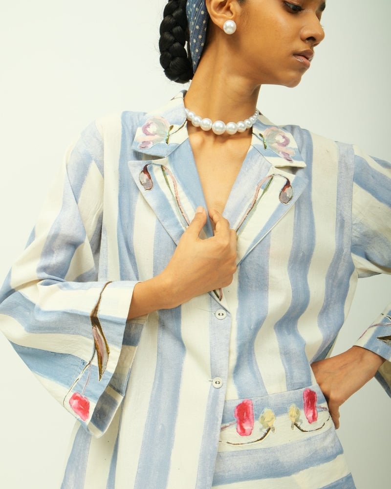 Ice Blue Printed Poplin Culottes with Drawstring Waist