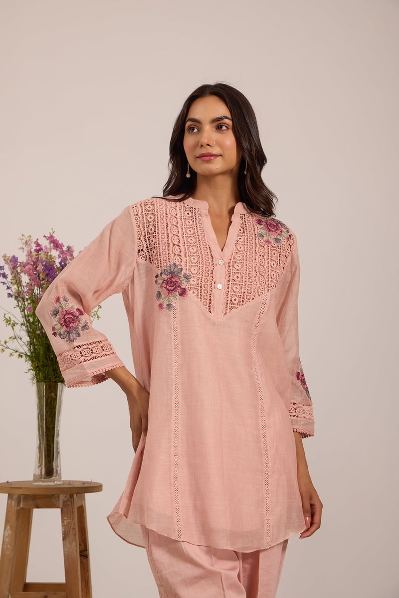 Pink Mul Chanderi Tunic and Straight Pant Co-ord Set