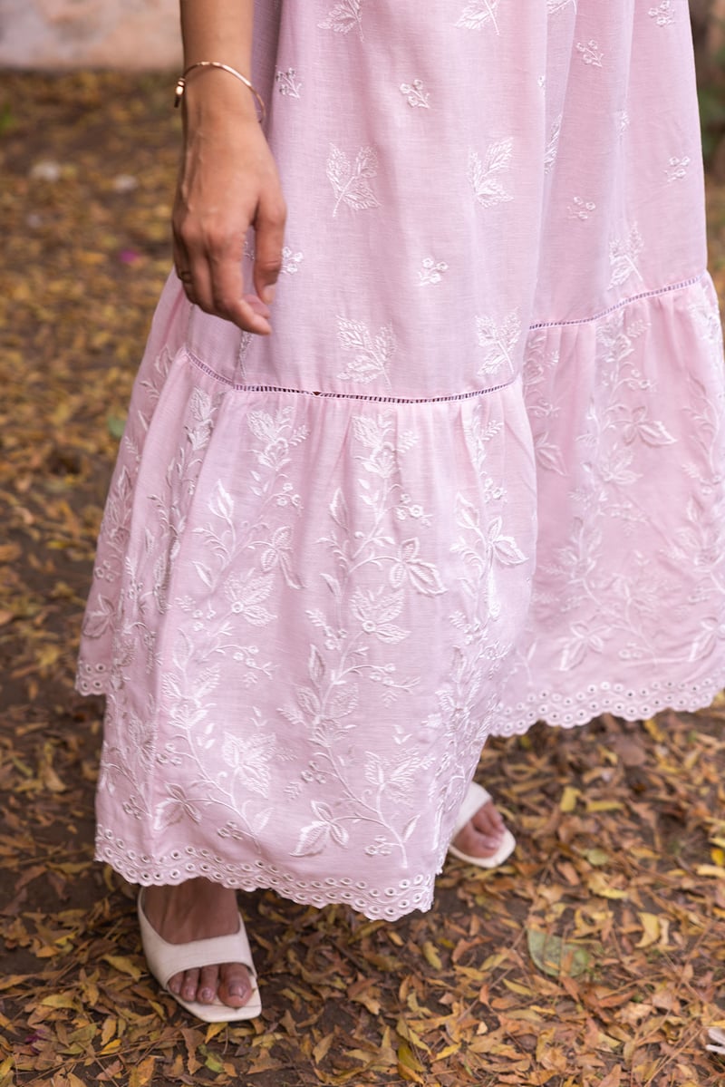 Pink Linen Cotton Embroidered Tiered Maxi Shirt Dress
