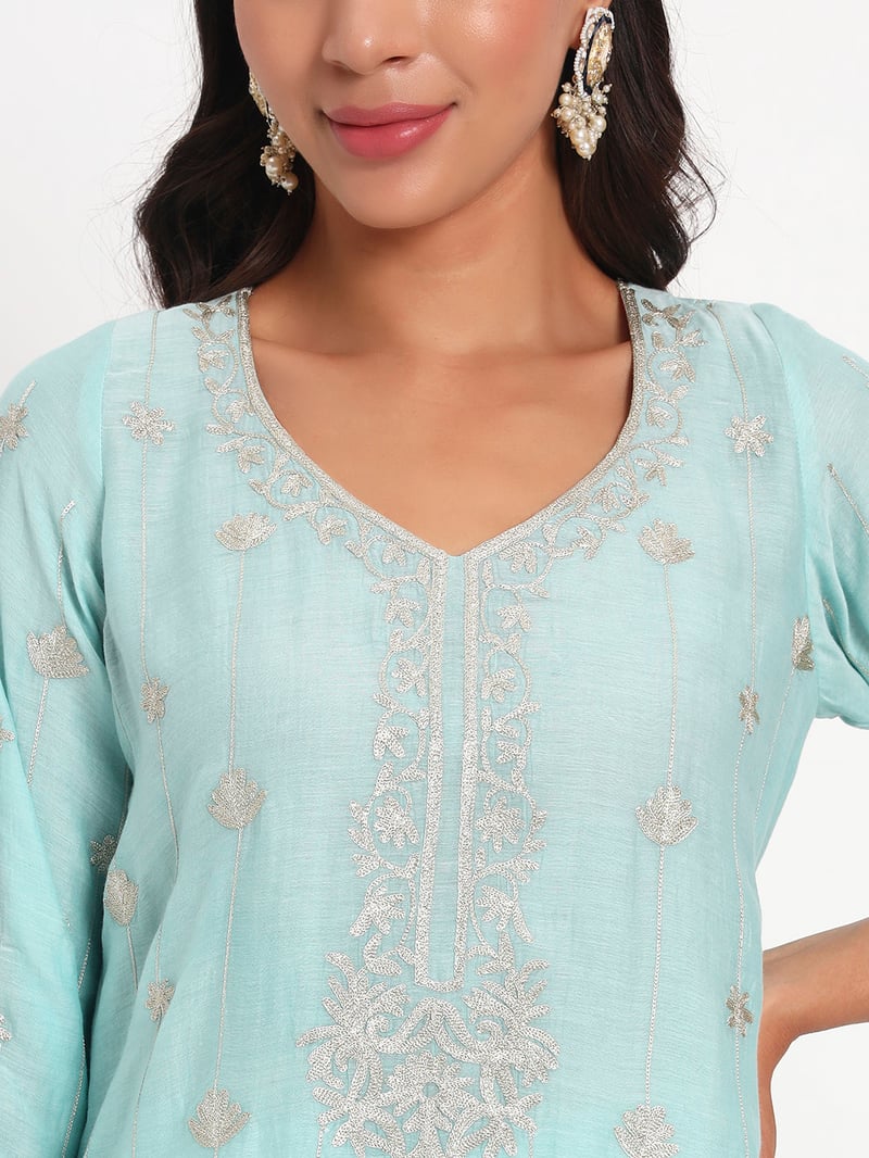 Aqua Mal Chanderi Embroidered Kurta Sharara Set