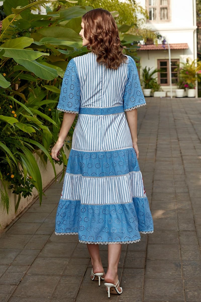 Blue Tiered Broderie Embroidered Cotton Midi Dress