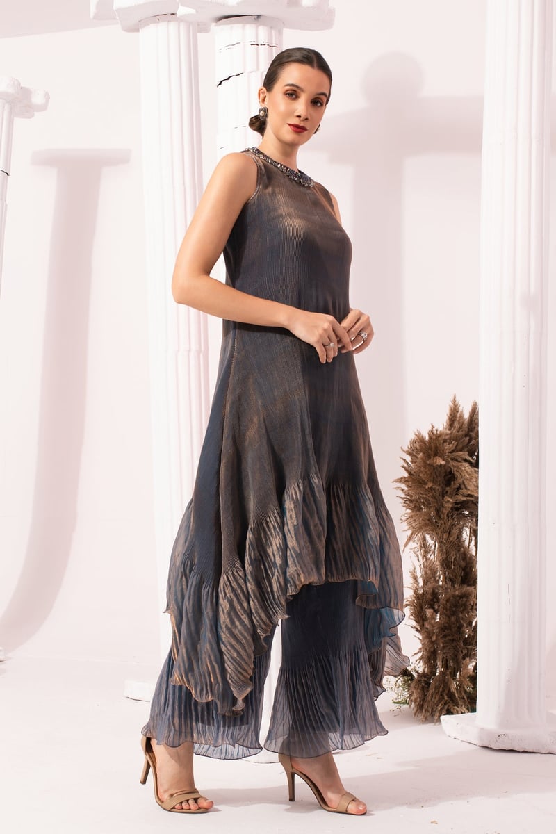 Steel Blue Metallic High Neck Kurta Sharara Set