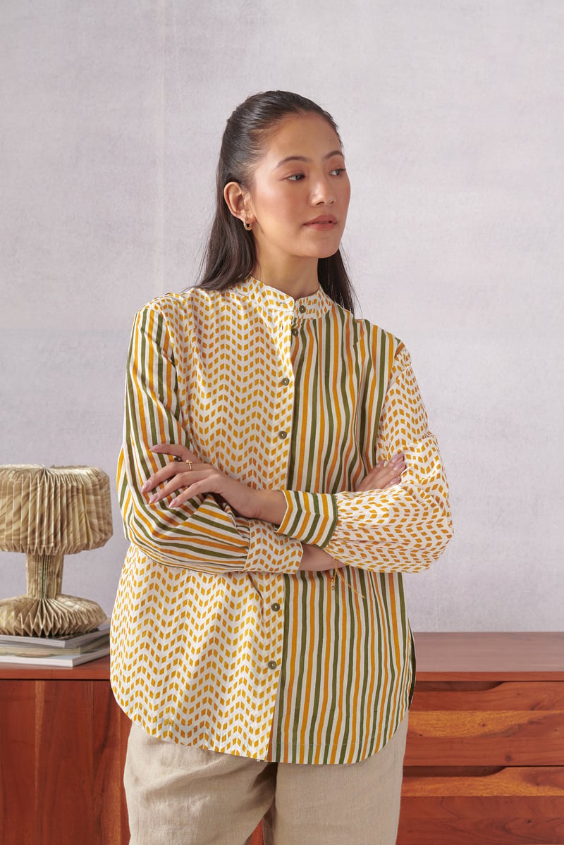 Multicolor Cotton Striped and Geometric Mandarin Collar Shirt