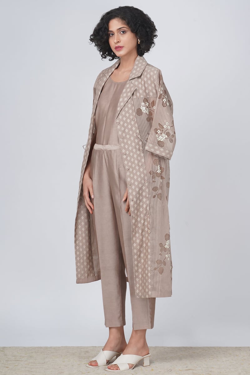 Beige Printed Longline Jacket and Straight Pants Co-ord Set